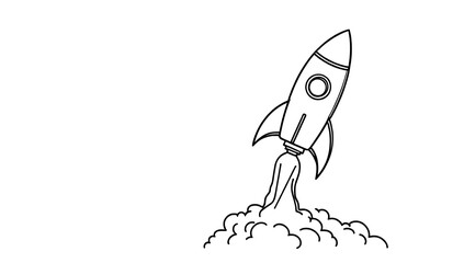A thick-lined doodle of a rocket launching with smoke clouds underneath, drawn in simple outlines without any fill color, on a plain white background.

