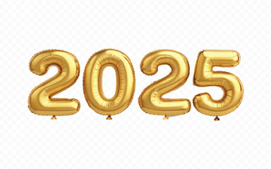 abstract 3d 2025 text made with different golden colour hellium balloons isolated on white background