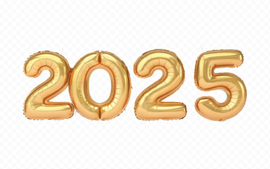 abstract 3d 2025 text made with different golden colour hellium balloons isolated on white background