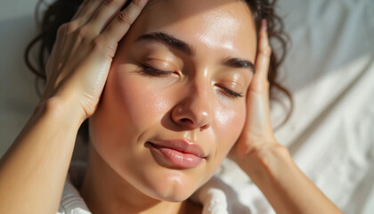Naklejka premium Woman relaxing with closed eyes in a serene natural light