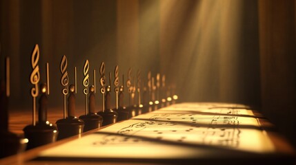 Golden treble clef music notes on a wooden surface with sheet music illuminated by light.