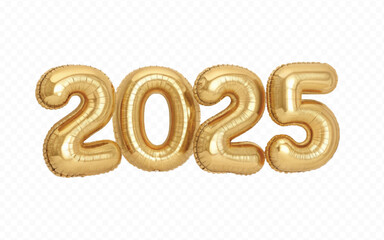 abstract 3d 2025 text made with different golden colour hellium balloons isolated on white background