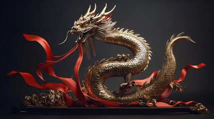 A Majestic Dragon Statue Adorned with Gold and Red Decorations for Lunar New Year