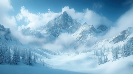 Fototapeta premium Serene Winter Wonderland Majestic Snow-Capped Mountains and Frosty Forest