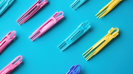 Colorful plastic hair clips arranged in a geometric pattern on a blue background.