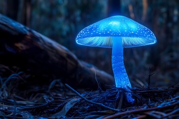 Fantastic glowing mushroom in the forest at night. Psychedelic surreal image.