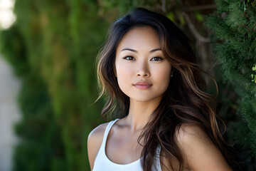 Naklejka premium A portrait of an Asian woman, emphasizing themes of skincare, body care, and spa treatments