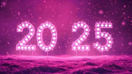 A surreal 2025 New Year celebration background in soft, dreamy infrared tones, featuring illuminated numbers, falling snow, hazy soft light, an infrared spectrum, and an otherworldly appearance
