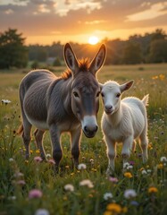 Obraz premium Donkey and Goat at Sunset in a Wildflower Meadow