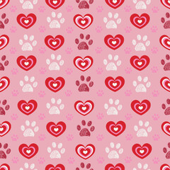 Plaid pink red heart pattern with paw print