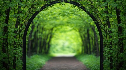 Naklejka premium Mystical greenery concept. A serene pathway surrounded by lush greenery, creating a peaceful atmosphere for walks.