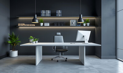 A sleek 3D rendering of a modern office with a minimalist desk, ergonomic chair, and simple shelving, emphasizing clean lines and a contemporary style