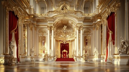 A lavishly decorated palace interior featuring a grand throne and ornate details.