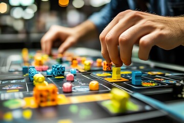 Fototapeta premium Hands Carefully Placing Colorful Game Pieces On Board