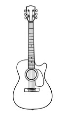 Naklejka premium A thick-lined doodle of a guitar with visible strings and soundhole, drawn in bold outlines without any fill color, placed on a plain white background.