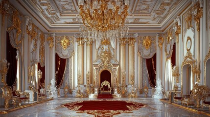 Obraz premium Luxurious palace interior with ornate decor, chandelier, and throne.