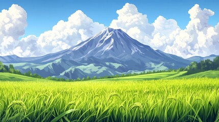 Fototapeta premium Lush Green Fields and Volcanic Splendor Beneath a Blue Sky.