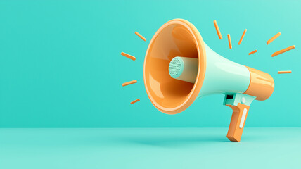 vibrant megaphone in orange and teal colors, symbolizing communication and announcements, stands out against bright turquoise background