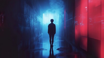 Fototapeta premium Solitary Figure in a Neon-Lit Cityscape