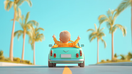 Obraz premium joyful child drives vintage car down sunny palm lined road, embracing carefree spirit of summer. vibrant colors and playful scene evoke happiness and adventure