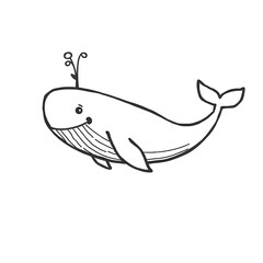 A thick-lined doodle of a whale with a water spout, drawn in bold outlines with no fill color, placed on a plain white background.

