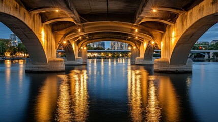 Illuminated Bridge with Arches at Night