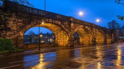 Illuminated Bridge with Arches at Night