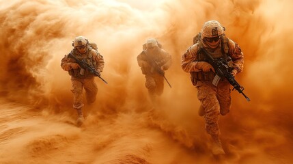 Soldiers running through a sandstorm, armed and in full gear