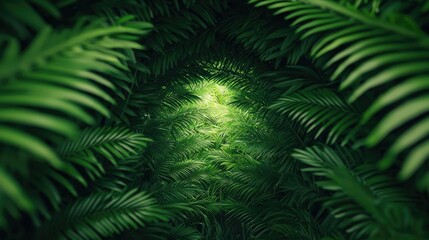 Mystical greenery concept. Lush green foliage creates a serene pathway illuminated by soft natural light.