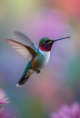 Fototapeta premium A Hummingbird in Flight Amidst Pastel Flowers