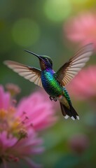 Fototapeta premium Vibrant Hummingbird in Flight Near Pink Flowers