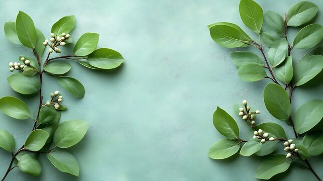 Green leaves and budding flowers frame a pastel background
