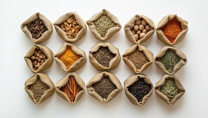 Fototapeta premium Aromatic Spices Collection in Burlap Sacks, Colorful and Vibrant, Diverse Assortment of Herbs and Seasonings, Culinary Delights, Food Photography