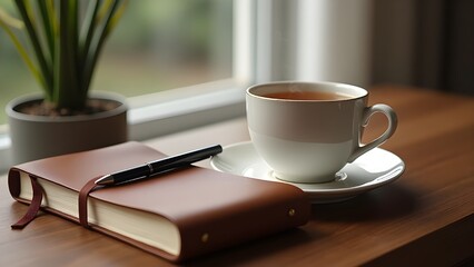 A minimalist workspace with a journal, a pen, and a cup of tea on a wooden desk
