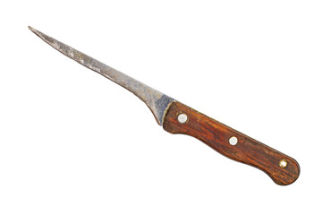 An old worn-out knife with a wooden handle on a white background. Close-up of a knife.