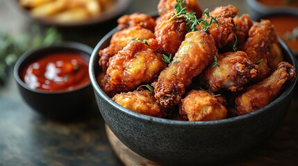 A bowl of spicy chicken wings served with a side of dipping sauce.
