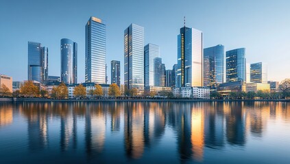 Fototapeta premium Modern Skyscrapers Reflecting in Calm Water at Dawn, Urban Skyline Beauty, Cityscape Architecture