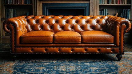 Obraz premium A classic leather sofa in a cozy library setting, inviting relaxation and conversation.