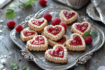  heart-shaped linzer cookies with raspberry filling