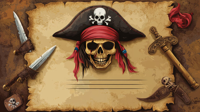 Kids diploma cartoon pirate hats and tricorn, sabers and skulls. Vector certificate with corsair cocked cap, bandana, buccaneer headwear. Child education or graduation award competition winner diploma