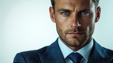 A handsome man in a suit with blue eyes looks directly at the camera with a serious expression.