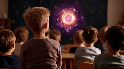 Children engaged in interactive science lesson classroom educational content indoor perspective cosmic exploration
