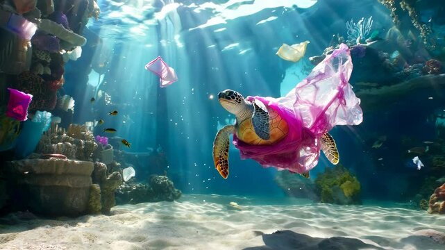 Sea turtle entangled in plastic underwater. Concept pollution of seas and oceans