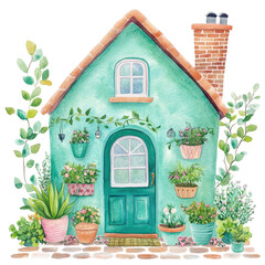 Charming Cottage Watercolor Illustration: A whimsical illustration featuring a charming cottage adorned with greenery and potted plants, painted in soft watercolor tones.