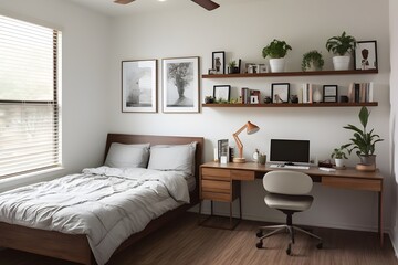 Interior design of minimalist and multifunctional with a home office in the bedroom