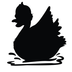 Cute cartoon hand drawn vector duck floating on water icon silhouette.