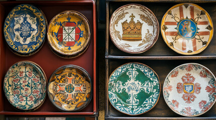 Lisbon travel stickers and plates with vector heraldic symbols of Portugal. Coat of arms of Portugal and Lisbon, portuguese flag and gold crown rusty metal plates with azulejo tile pattern background