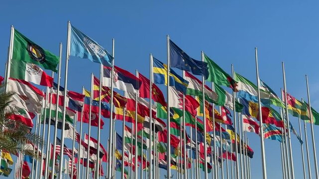 Doha Qatar Flag Plaza flags of the world blowing in the wind