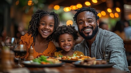 A happy African American family enjoys a meal together at a restaurant.
