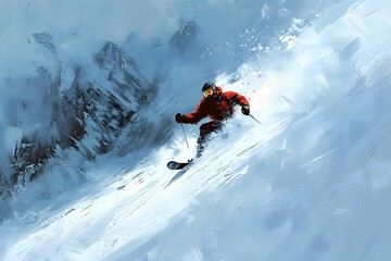 A skier in a red outfit gracefully descends a snowy mountain slope.